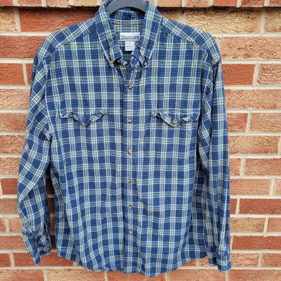 Carhartt Button Down Shirt Men's Size Large 100% Cotton Blue Plaid - Picture 1 of 5